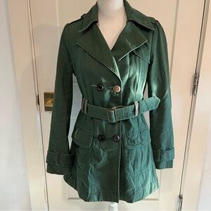 Anthropologie ETT TWA Olive Green Whimsical Fun Hand Sewn Trench Coat Sm